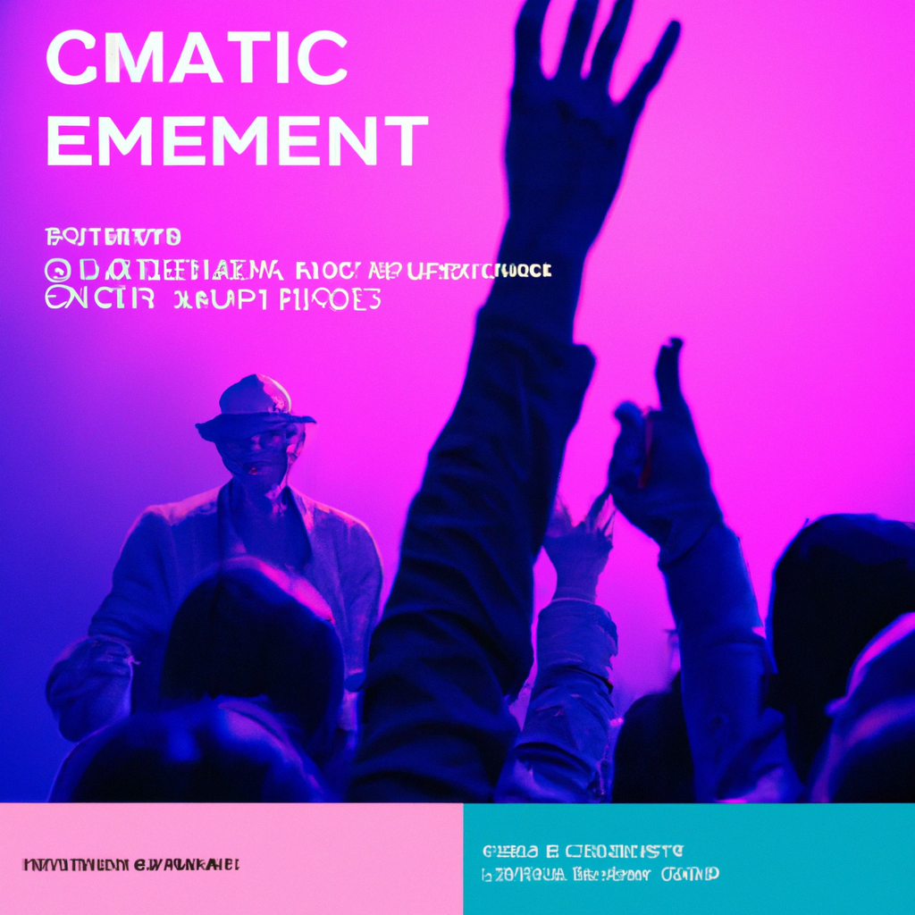 Audience portrait — hands raised under neon lights